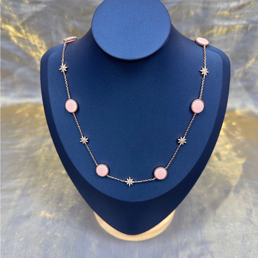 Rose Pink Disc & Star Station Necklace - Women Jewelry